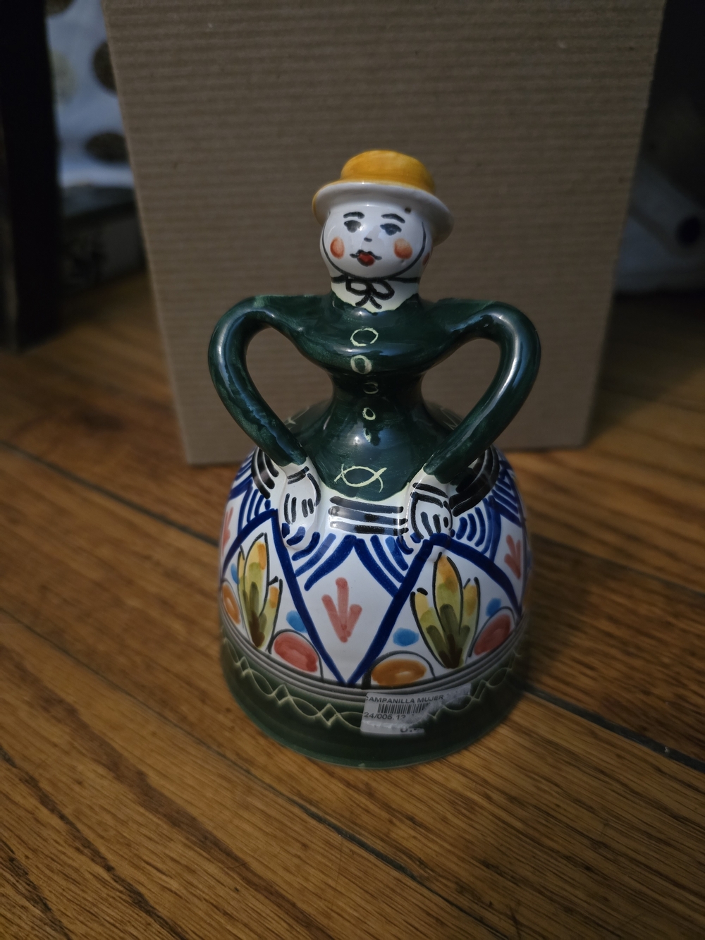 Hand-Painted Ceramic Lady Figurine Bell in Green, Blue and Yellow